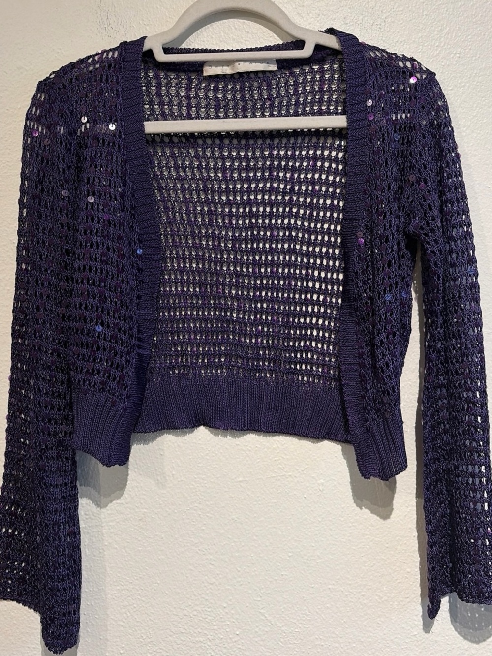 Bettie Page Vintage Inspired Cropped Open-Knit Sequined Cardigan in Purple - Picture 1 of 8